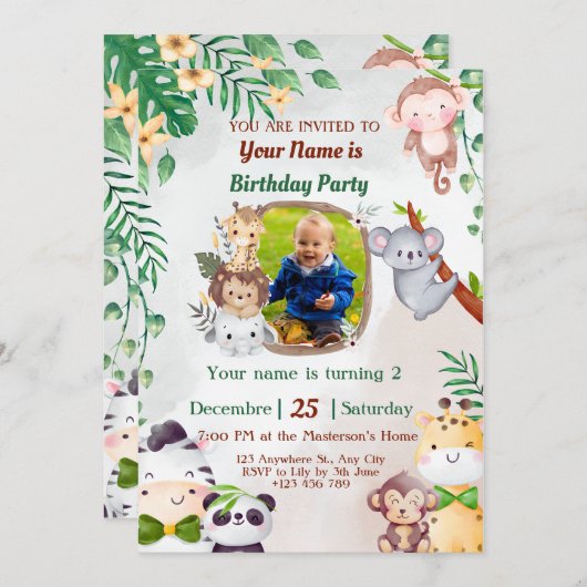 Safari & Oerwoud verjaardagsuitnodigingen voor kin Kaart (Voorkant / Achterkant)