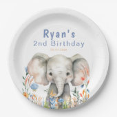 Safari Oerwoud Waterverf Elephant Flowers Verjaard Papieren Bordje (Voorkant)