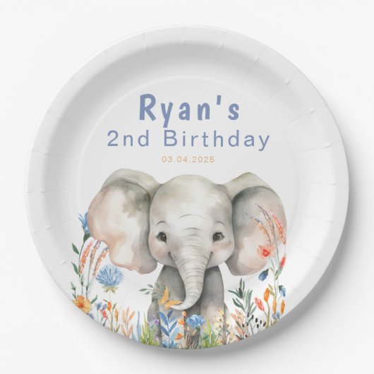 Safari Oerwoud Waterverf Elephant Flowers Verjaard Papieren Bordje (Voorkant)