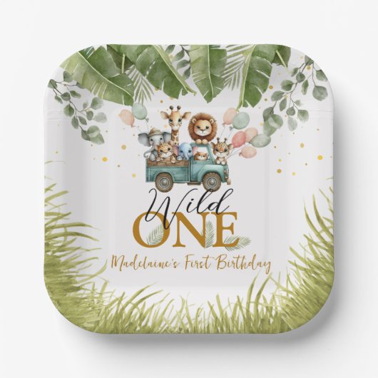 Safari Oerwoud Wild Een Eerste Verjaardagsplein Papieren Bordje (Voorkant)