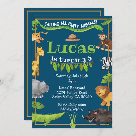 Safari Oerwoud Wild One Animal Verjaardagsfeest Kaart (Voorkant / Achterkant)