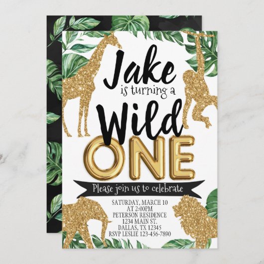Safari Oerwoud Wild One Birthday Party Invitation Kaart (Voorkant / Achterkant)