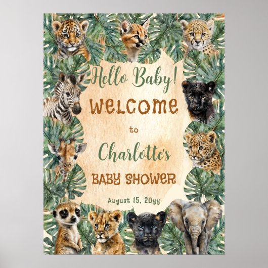 Safari Oerwoud Wilde dieren Hallo Baby shower Poster (Voorkant)