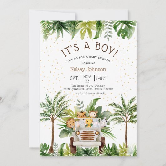Safari Oerwoud Zoo Animals Boy Baby shower Invitat Kaart (Voorkant)