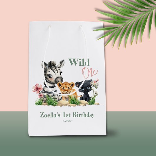 Safari Oerwoud Zoo Animals Pink Wild One Birthday Medium Cadeauzakje