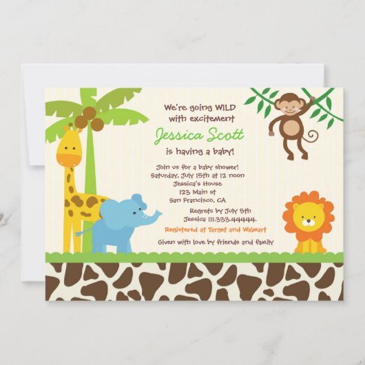 Safari Oerwoud Zoo Baby Shower Invitations Kaart (Voorkant)