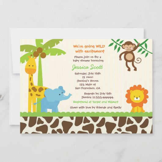 Safari Oerwoud Zoo Baby Shower Invitations Kaart (Voorkant)