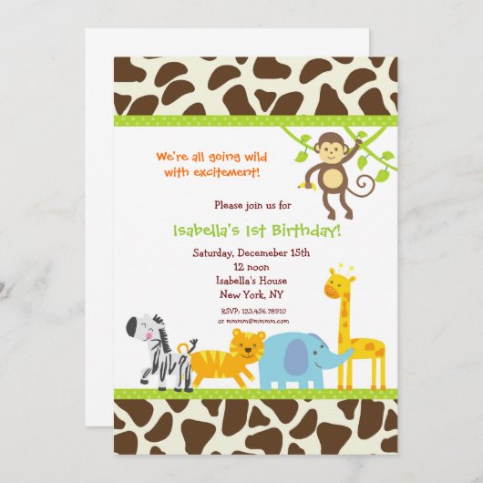 Safari Oerwoud Zoo Birthday - uitnodigingen (Voorkant / Achterkant)