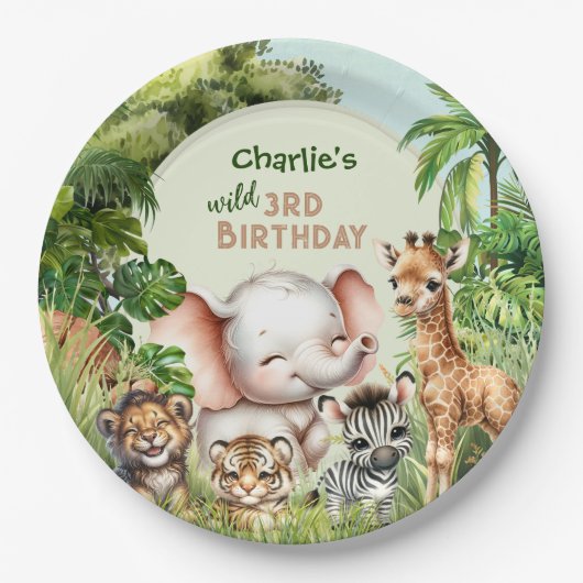 Safari Oerwoud ZOO Leuke Dieren Wild 3e Verjaardag Papieren Bordje (Voorkant)