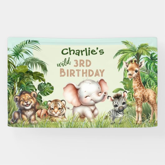 Safari Oerwoud ZOO Leuke Dieren Wild 3e Verjaardag Spandoek (Horizontaal)