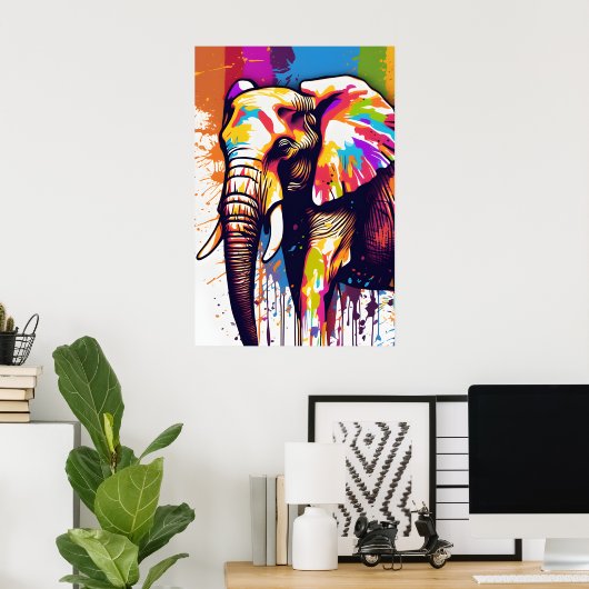 Safari Olifant Art, Rainbow Paint Splatter Wall Poster (Thuiskantoor)