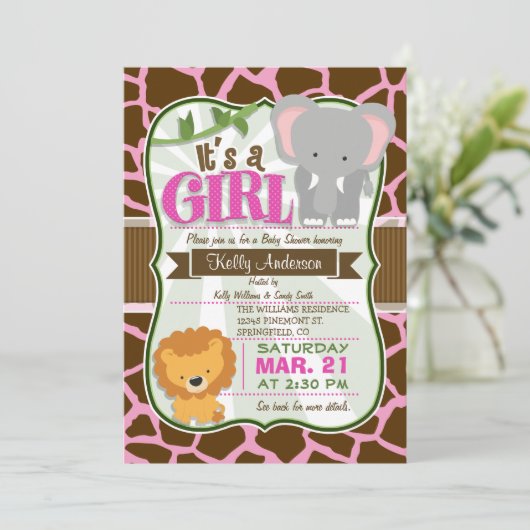 Safari Olifant, Leeuw, Giraffe Print Baby shower Kaart (Staand voorkant)
