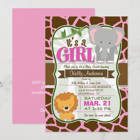 Safari Olifant, Leeuw, Giraffe Print Baby shower Kaart (Voorkant / Achterkant)