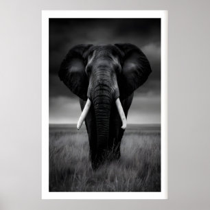 Safari Olifant Print, Zwart en Wit, Stabiel Poster