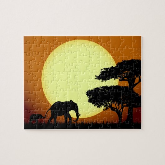Safari-olifanten bij zonsondergang legpuzzel (Horizontaal)