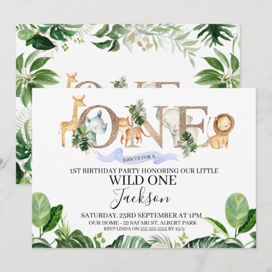 Safari One Boys Birthday Uitnodiging (Voorkant / Achterkant)