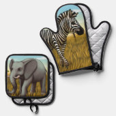 Safari oven mitt and pot holder set (Voorkant / Achterkant)