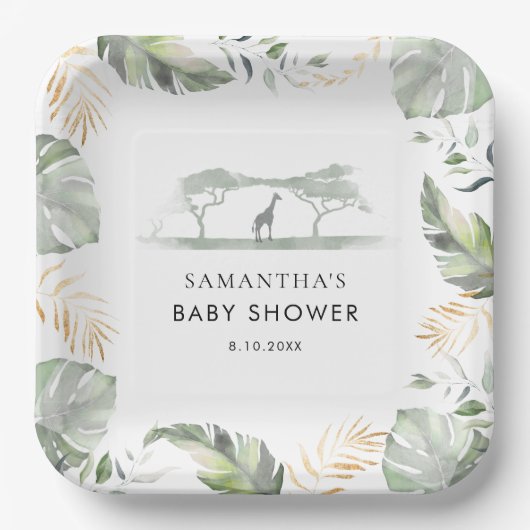Safari Palm Leaves Giraffe Baby shower Papieren Bordje (Voorkant)
