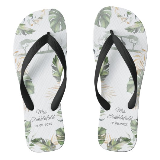 Safari Palm Leaves Honeymoon Botanical Script Mrs. Teenslippers (Voetbed)