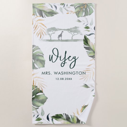 Safari Palm Leaves Tropical Wifey Script Huwelijks Strandlaken (Voorkant)