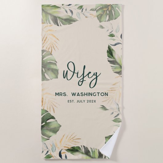 Safari Palm Leaves Tropical Wifey Script Huwelijks Strandlaken (Voorkant)