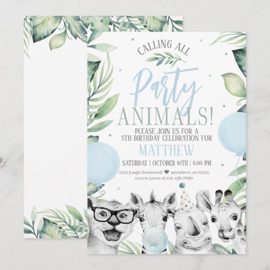 Safari Party Animals Birthday Invitation for a Boy Kaart (Voorkant / Achterkant)