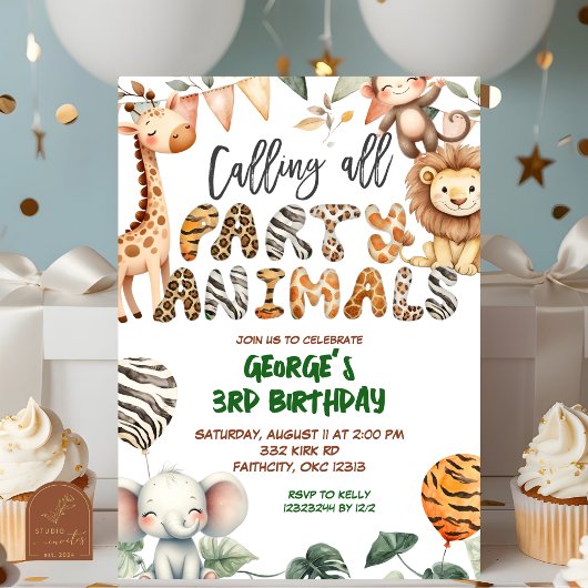 Safari Party Animals birthday invitation Kaart