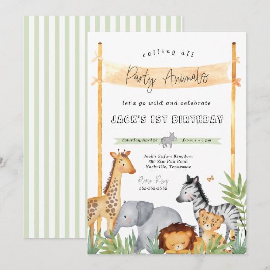 Safari Party Animals Birthday Party Invitation Kaart (Voorkant / Achterkant)