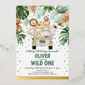 Safari Party Animals Wild One Boy 1st Birthday Folie Uitnodiging (Voorkant)