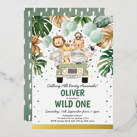 Safari Party Animals Wild One Boy 1st Birthday Folie Uitnodiging (Voorkant / Achterkant)