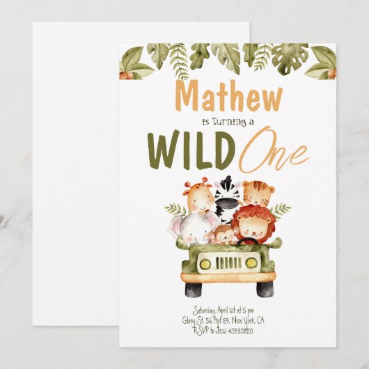 Safari Party Animals Wilde één dag uitnodiging (Voorkant / Achterkant)