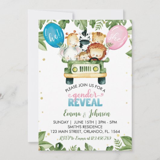 Safari Party Dier Geslacht onthullen Uitnodiging (Voorkant)