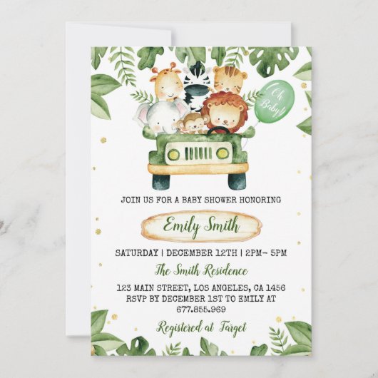 Safari Party Dieren Baby shower Uitnodiging (Voorkant)