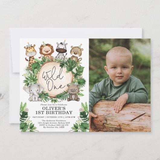 Safari Party Dieren Wild Een 1e Verjaardag Foto Kaart (Voorkant)