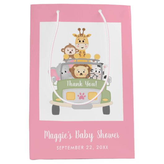 Safari Pink Baby Girl Shower Medium Cadeauzakje (Voorkant)