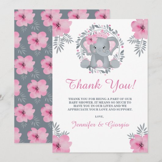 Safari Pink Floral Elephant Baby shower Hartelijk Bedankkaart (Voorkant / Achterkant)