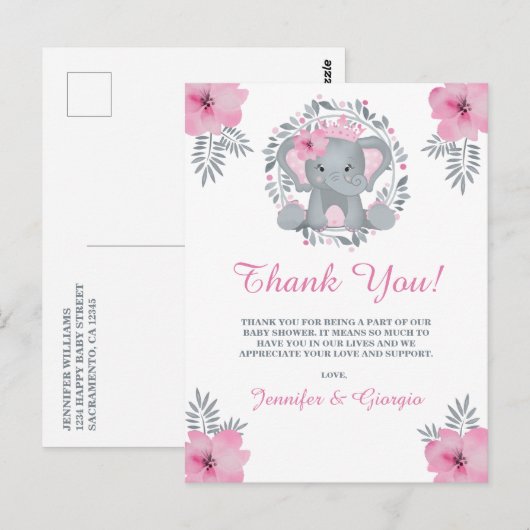 Safari Pink Floral Elephant Baby shower Hartelijk  Briefkaart (Voorkant / Achterkant)