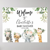 Safari Pink Floral Foliage Baby shower Welkom Poster (Voorkant)