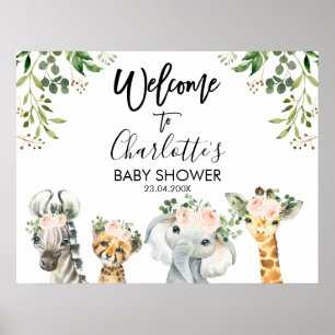 Safari Pink Floral Foliage Baby shower Welkom Poster