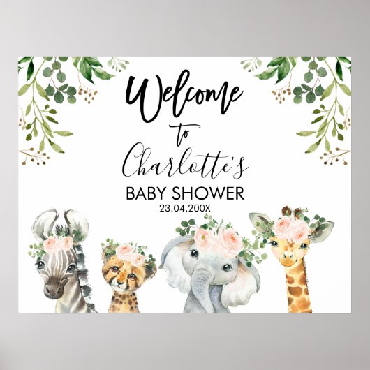 Safari Pink Floral Foliage Baby shower Welkom Poster (Voorkant)
