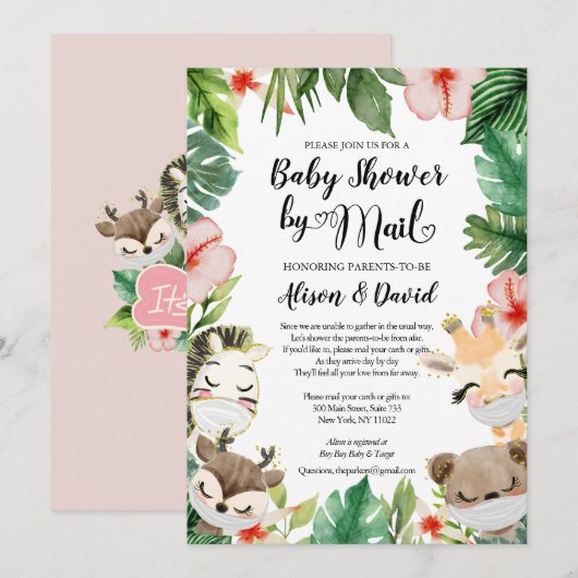Safari Pink Floral Greenery Girl Shower Kaart (Voorkant / Achterkant)