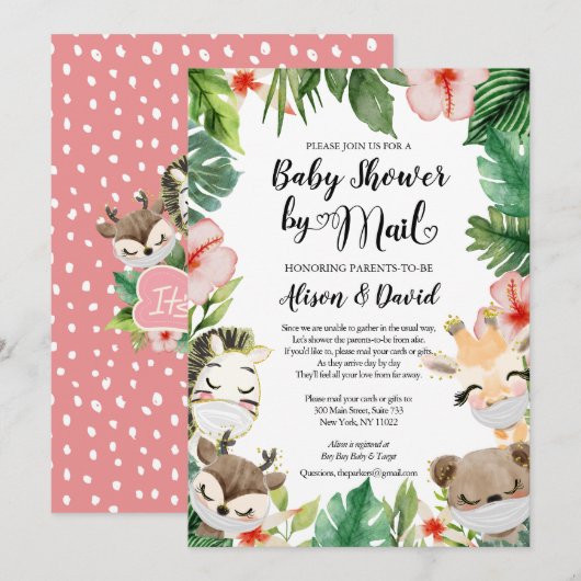 Safari Pink Floral Greenery Girl Shower per post i Kaart (Voorkant / Achterkant)