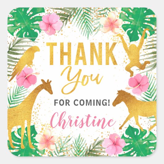 Safari Pink Floral Oerwoud Animals Vierkante Sticker (Voorkant)