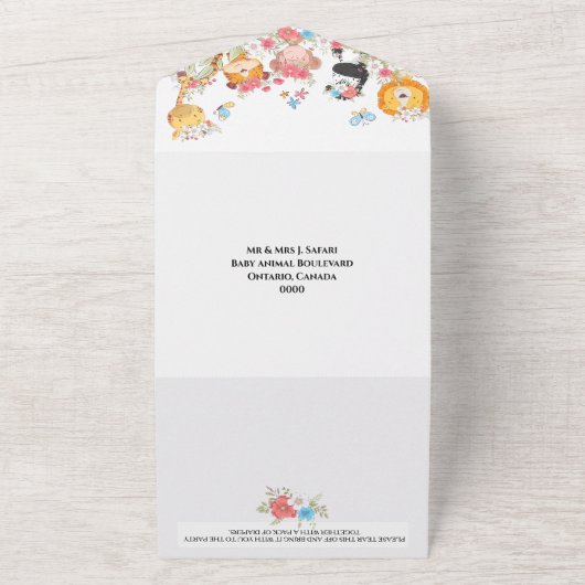 Safari proefdieren warmloperballonfeest oerwoud all in one uitnodiging (Buitenkant)