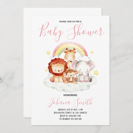 Safari Rainbow Cute Baby shower Uitnodiging (Voorkant / Achterkant)