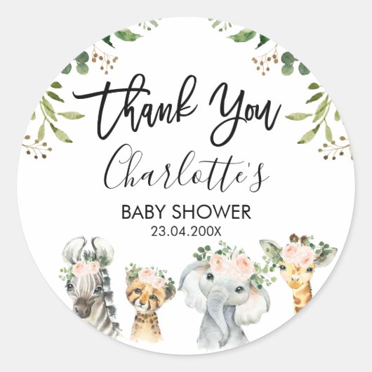 Safari roze bloemblaadje Baby shower Favor Stick Ronde Sticker (Voorkant)