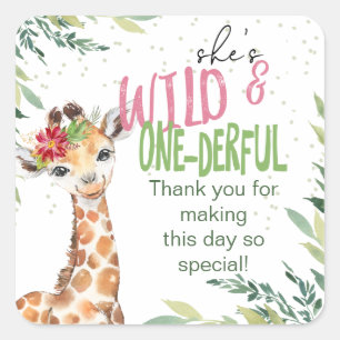 Safari Roze Giraffe Wild Een 1e verjaardagsfeestje Vierkante Sticker
