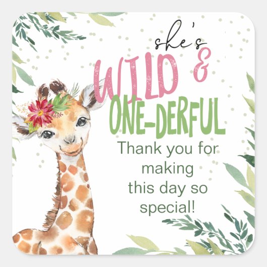 Safari Roze Giraffe Wild Een 1e verjaardagsfeestje Vierkante Sticker (Voorkant)