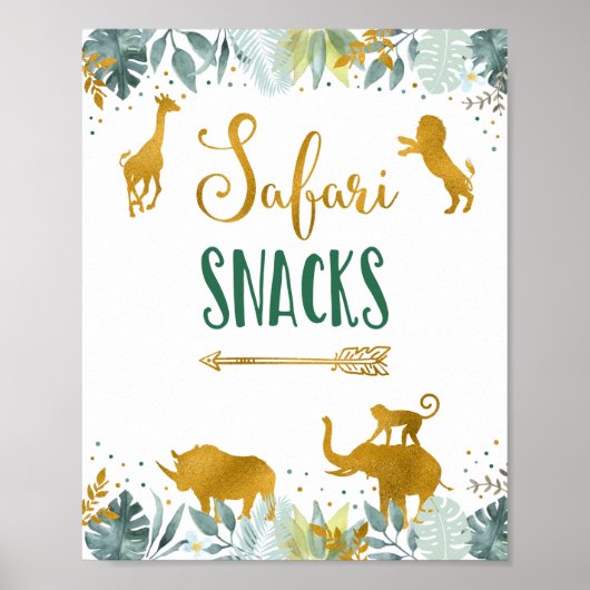 Safari Snacks Greenery Gold Birthday Sign Poster (Voorkant)