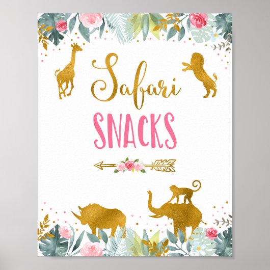Safari Snacks roze Gold Greenery Birthday Sign Poster (Voorkant)